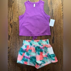 NWT Zella Girl size large Purple Tie Back Tank Top with Multicolor Shorts